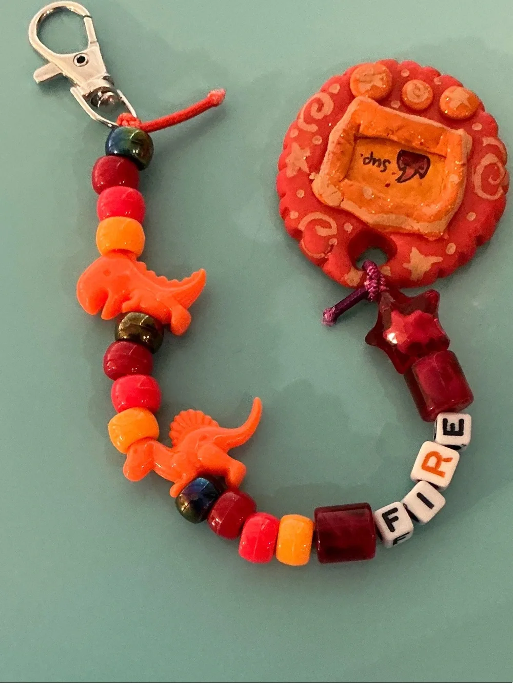 Handmade Kids Keychain Charm - Orange Beaded Fire Design